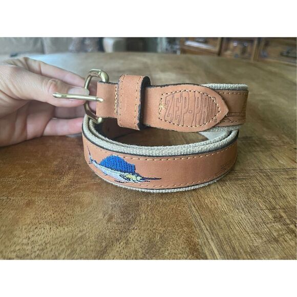 ZER-PRO Men's  genuine leather belt with embroidered swordfish and buckle solid - Picture 1 of 6